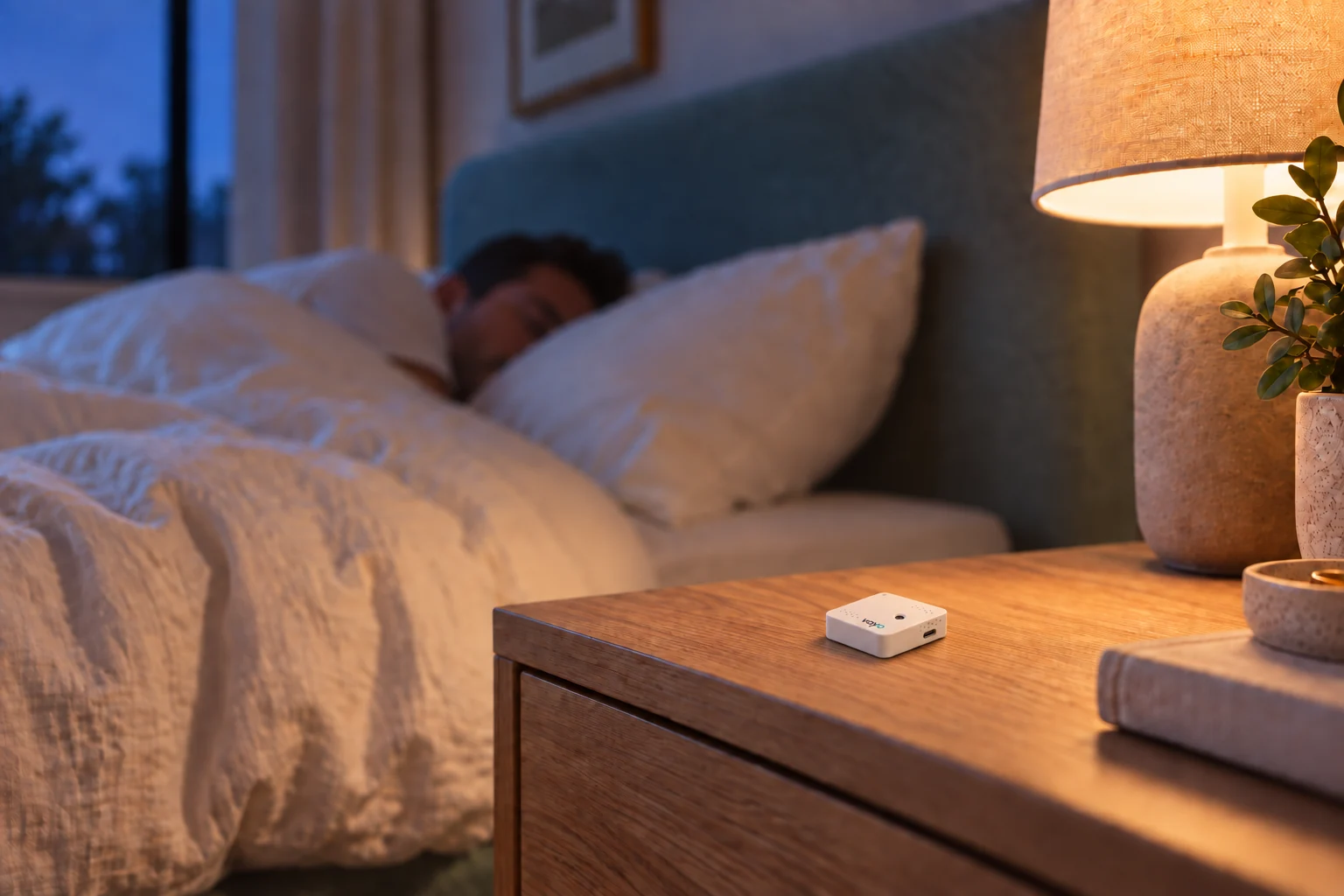 Vayo One on a bedside table, monitoring bedroom air overnight